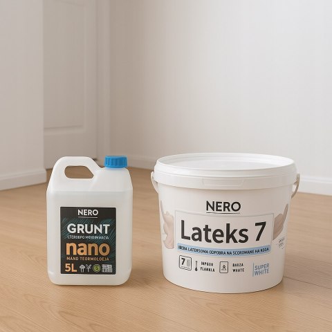 Farba Lateks 7 Super White 10L w zestawie z grunt 5L i wałek do malowania